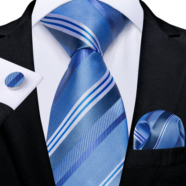 Sky Blue White Strip Silk Tie Pocket Square Cufflinks Set