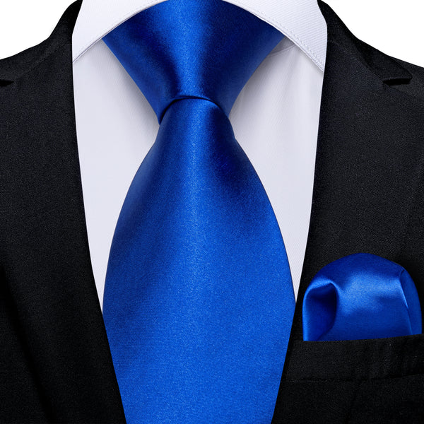2PCS Royal Blue Solid Men's Silk Necktie Hanky Set