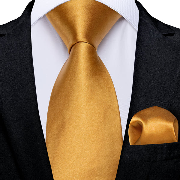 2PCS Golden Solid Men's Silk Necktie Hanky Set