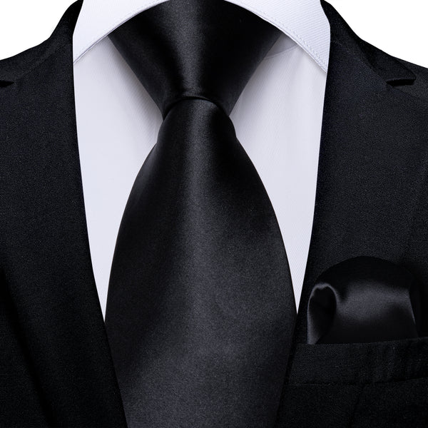 2PCS Black Solid Men's Silk Necktie Hanky Set