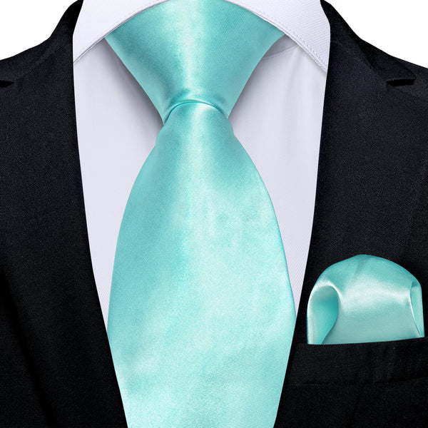 2PCS Mint Green Solid Men's Silk Necktie Hanky Set