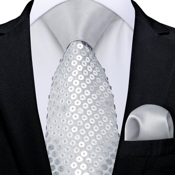 Light Grey Sequins Novelty Men's Necktie Hanky Cufflinks Set
