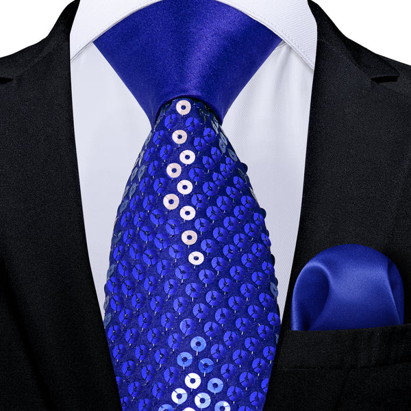 Royal Blue Sequins Novelty Men's Necktie Hanky Cufflinks Set