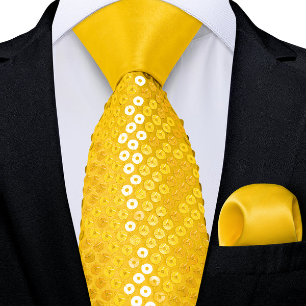 Bright Yellow Sequins Novelty Men's Necktie Hanky Cufflinks Set