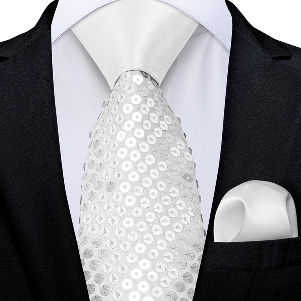 White Sequins Novelty Men's Necktie Hanky Cufflinks Set