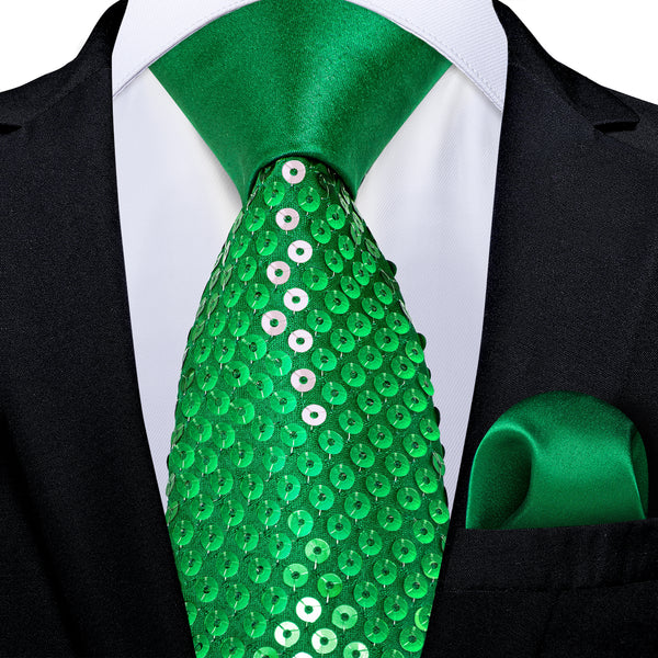 Green Sequins Novelty Men's Necktie Hanky Cufflinks Set