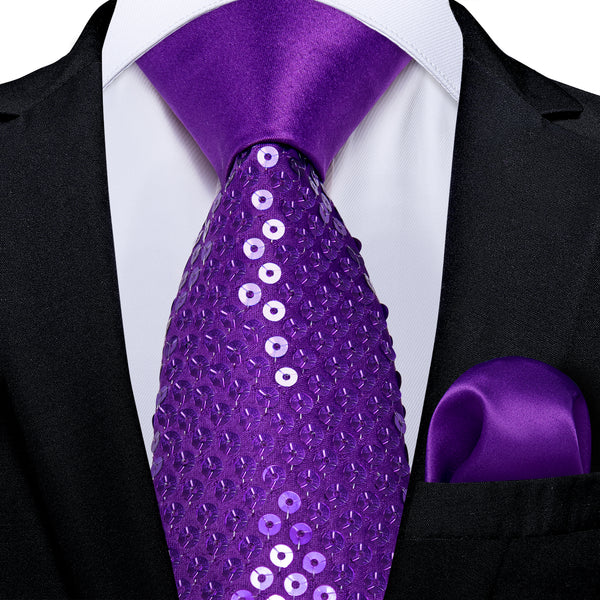 Purple Sequins Novelty Men's Necktie Hanky Cufflinks Set