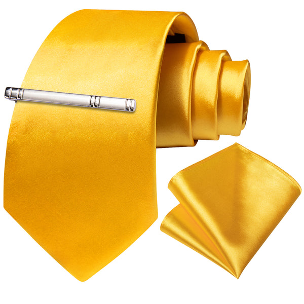 Yellow Golden Satin Solid Silk Tie Pocket Square Set with Tie Clip