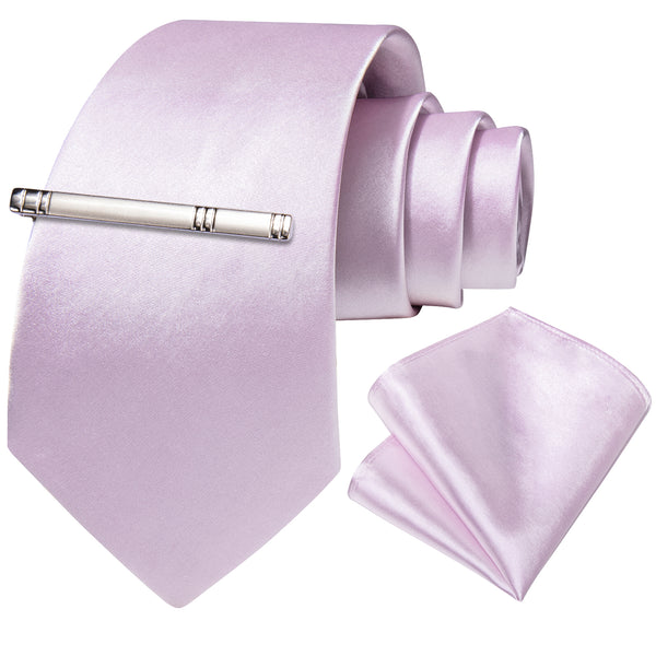 Light Purple Solid Satin Silk Tie Pocket Square Set with Tie Clip