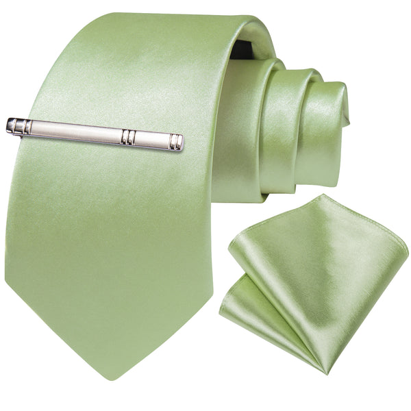 Grass Green Satin Solid Silk Tie Pocket Square Set with Tie Clip