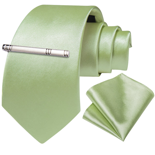 Grass Green Satin Solid Silk Tie Pocket Square Set with Tie Clip