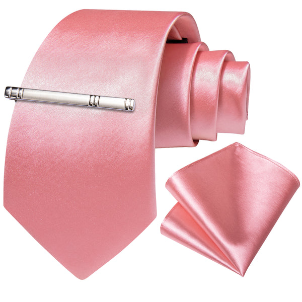 Pink Satin Solid Silk Tie Pocket Square Set with Tie Clip