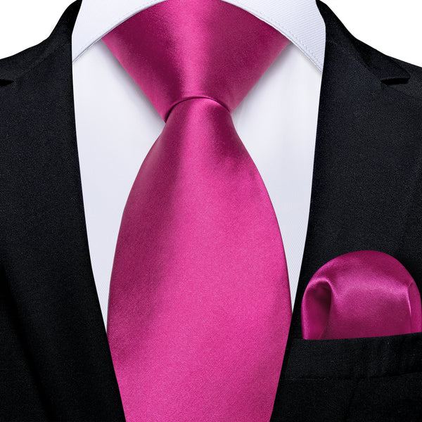 Rose Red Satin Solid Men's Necktie Hanky Tie Set