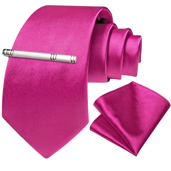 Rose Red Satin Solid Silk Tie Pocket Square Set with Tie Clip