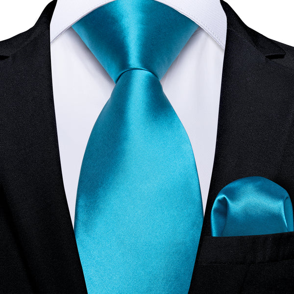Blue Solid Satin Men's Necktie Hanky Tie Set
