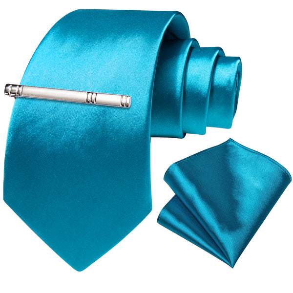 Blue Solid Satin Silk Tie Pocket Square Set with Tie Clip
