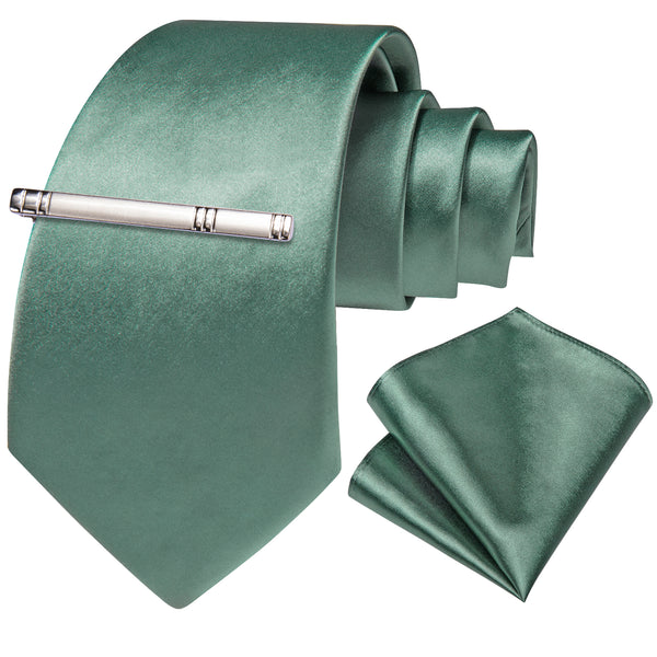 Green Solid Satin Silk Tie Pocket Square Set with Tie Clip