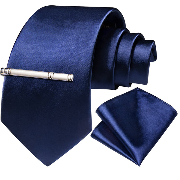 Royal Blue Solid Satin Men's Necktie Hanky Tie Clip Set