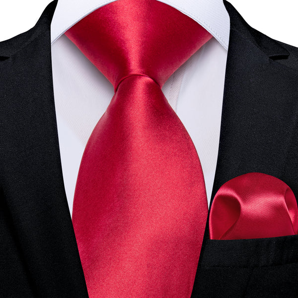 Red Pure Solid Satin Necktie Pocket Square Tie Set