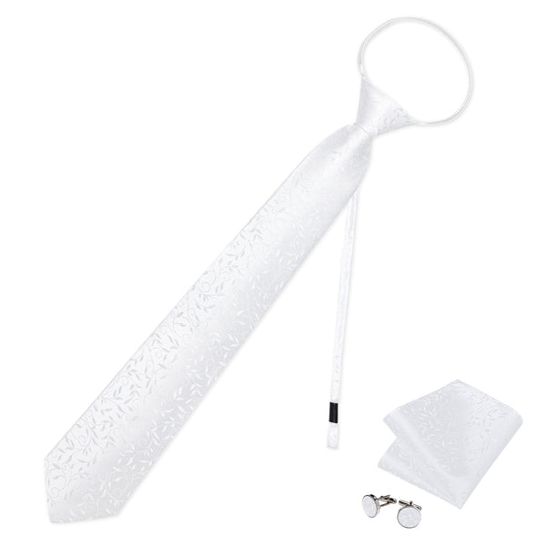 White Paisley Silk Pre-tied Tie Pocket Square Cufflinks Set