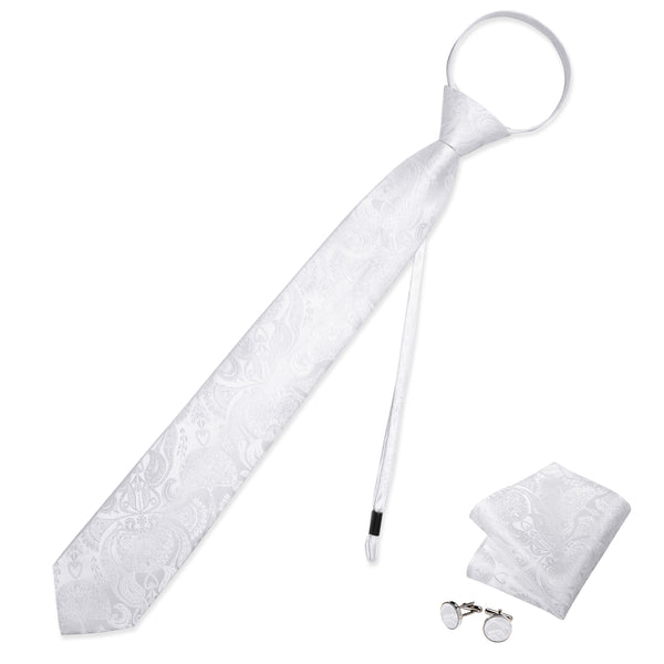 White Paisley Silk Pre-tied Tie Pocket Square Cufflinks Set