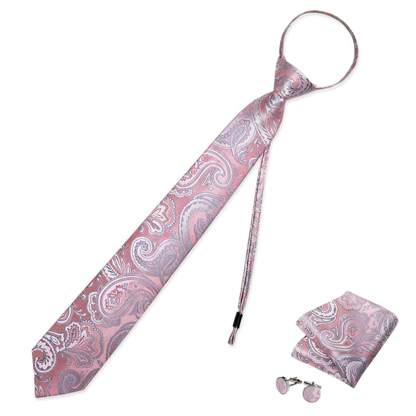 Pink Blue Paisley Silk Pre-tied Tie Pocket Square Cufflinks Set