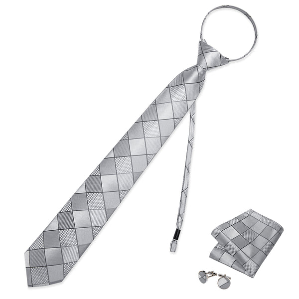 Grey Plaid Silk Pre-tied Tie Pocket Square Cufflinks Set