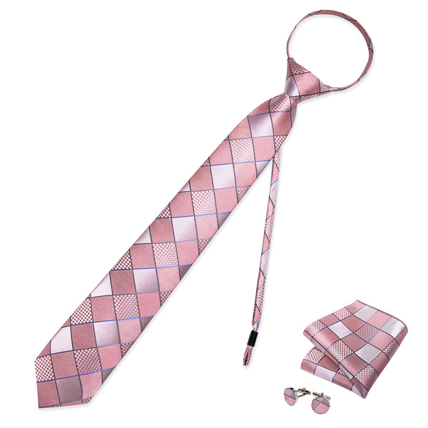 Pink Plaid Silk Pre-tied Tie Pocket Square Cufflinks Set