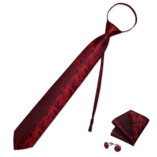 Black Red Paisley Silk Pre-tied Tie Pocket Square Cufflinks Set