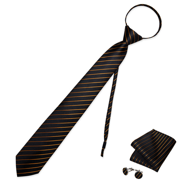 Black Gold Stripe Silk Pre-tied Tie Pocket Square Cufflinks Set