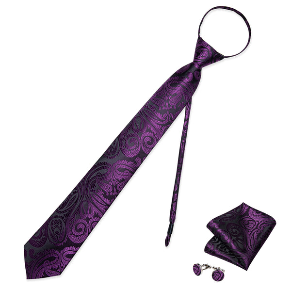 Black Purple Paisley Silk Pre-tied Tie Pocket Square Cufflinks Set