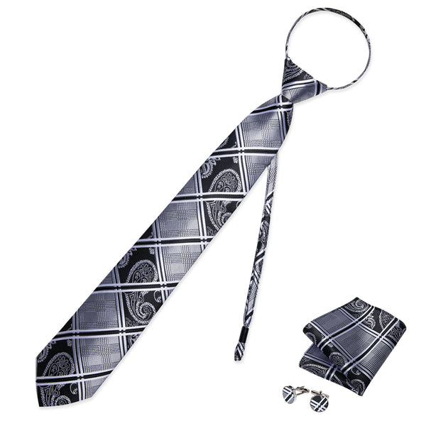 Black Grey Plaid Silk Pre-tied Tie Pocket Square Cufflinks Set