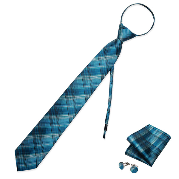 Blue Plaid Silk Pre-tied Tie Pocket Square Cufflinks Set