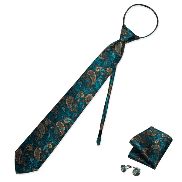 Green Brown Paisley Silk Pre-tied Tie Pocket Square Cufflinks Set