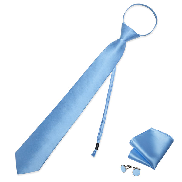 Sky Blue Solid Silk Pre-tied Tie Pocket Square Cufflinks Set