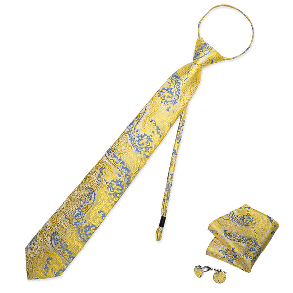 Yellow Blue Paisley Silk Pre-tied Tie Pocket Square Cufflinks Set