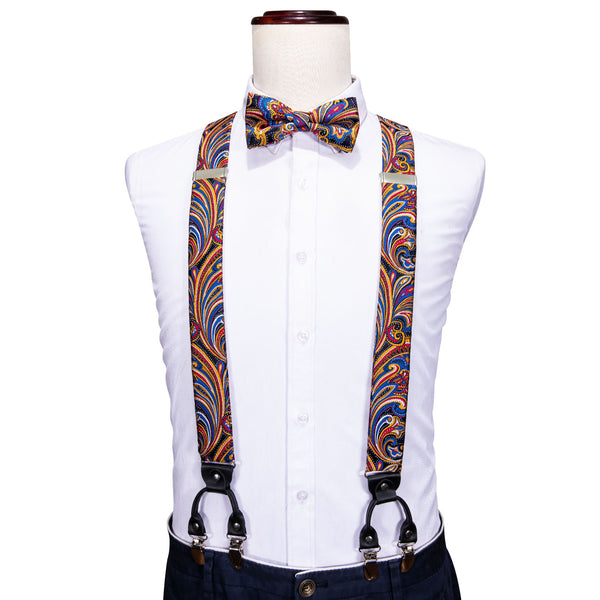 Colorful Blue Yellow Paisley Y Back Brace Clip-on Men's Suspender with Bow Tie Set