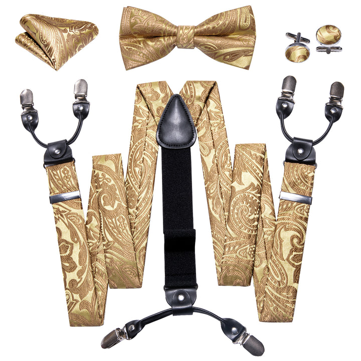 glod yellow Paisley Y Back Brace Clip-on Mens Suspender with Bow Tie Set