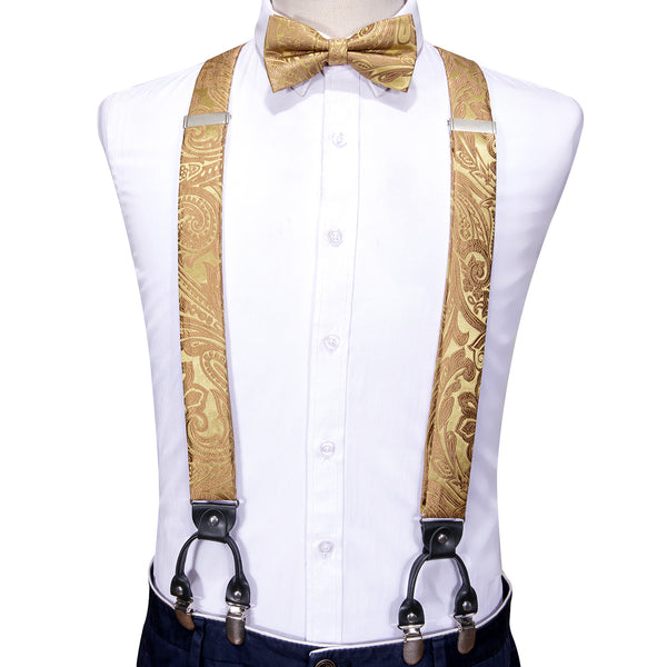 glod yellow Paisley Y Back Brace Clip-on Mens Suspender with Bow Tie Set for white shirt