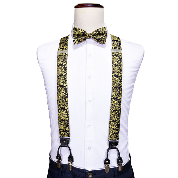 Black Golden Floral Y Back Brace Clip-on Men's Suspender with Bow Tie Set