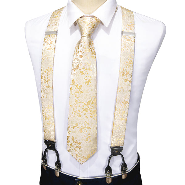 Champagne Floral Y Back Brace Clip-on Men's Suspender with Tie Set