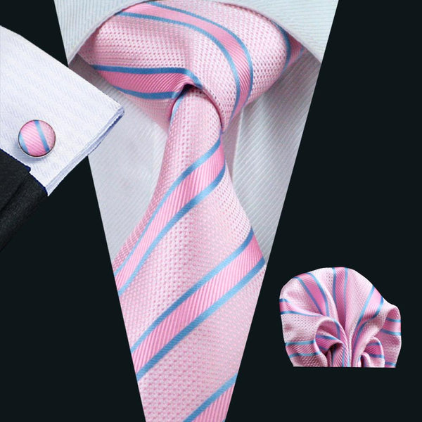 pink blue striped mens silk tie hanky cufflink set for mens suit