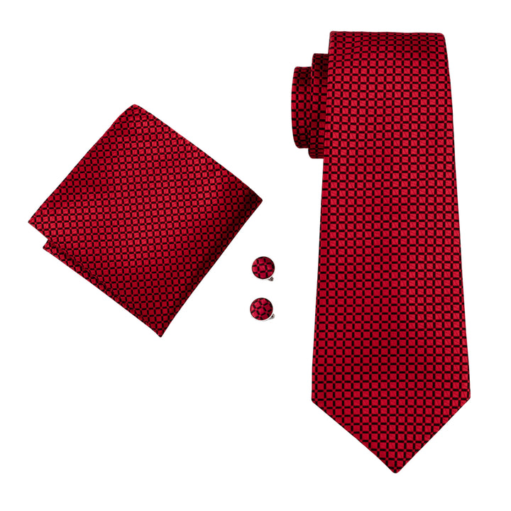 Fresh Red Plaid Tie Pocket Square Cufflinks Set for mens wedding dress shirts