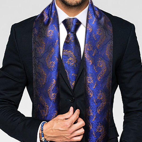 Shinning Blue Floral Men's Silk Scarf Necktie Set