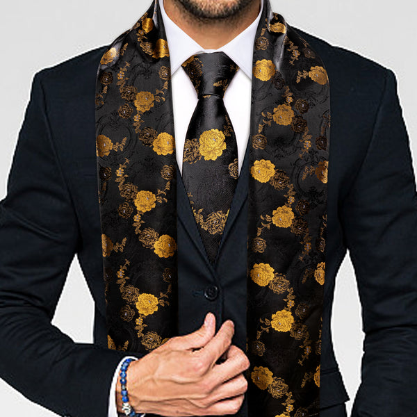 New Arrival Black Golden Peony Floral Men's Silk Scarf Necktie Set