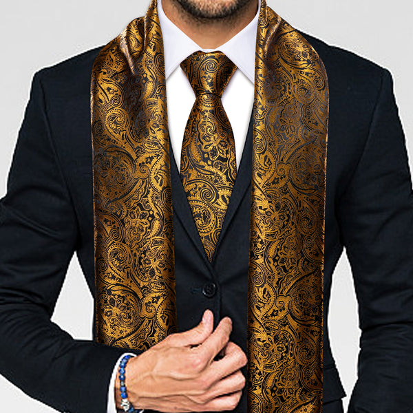 Luxury Golden Paisley Men's Silk Scarf Necktie Set