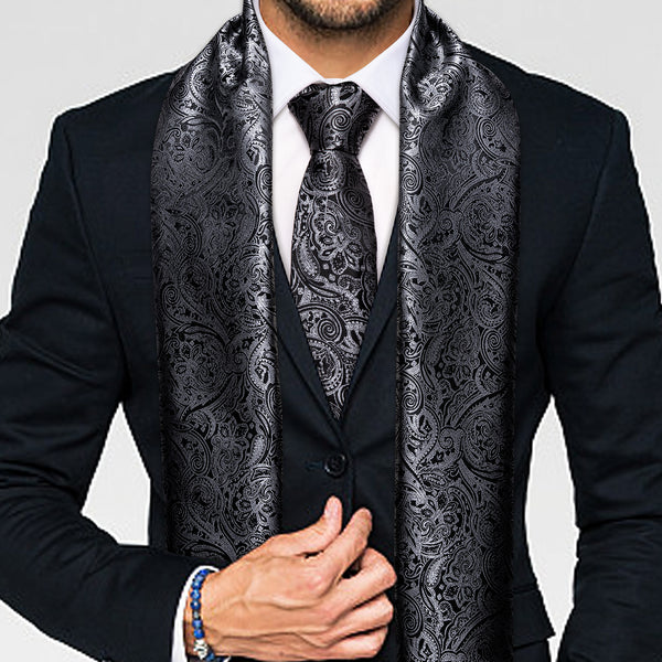 Black Grey Paisley Men's Silk Scarf Necktie Set