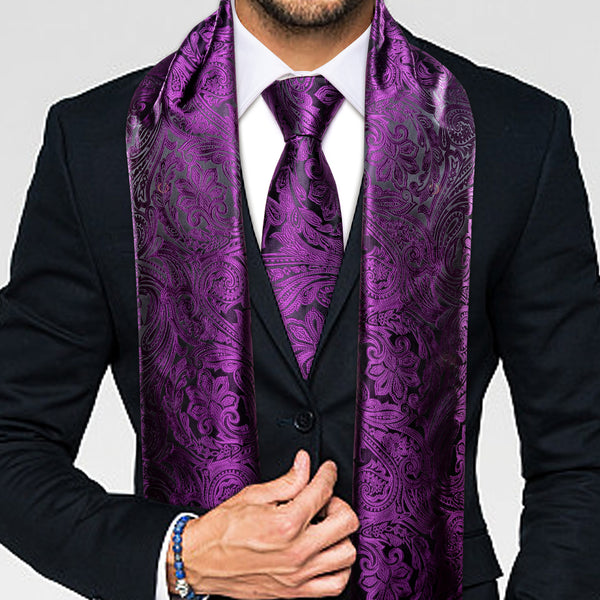 New Black Purple Paisley Men's Silk Scarf Necktie Set