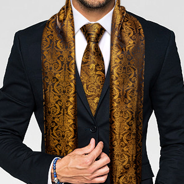 Luxury Golden Brown Paisley Men's Silk Scarf Necktie Set