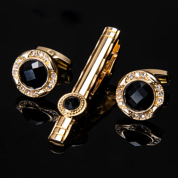 Lacquered Metal Golden with Single Black Imitated Crystal Striped Tie Clip Cufflinks Set